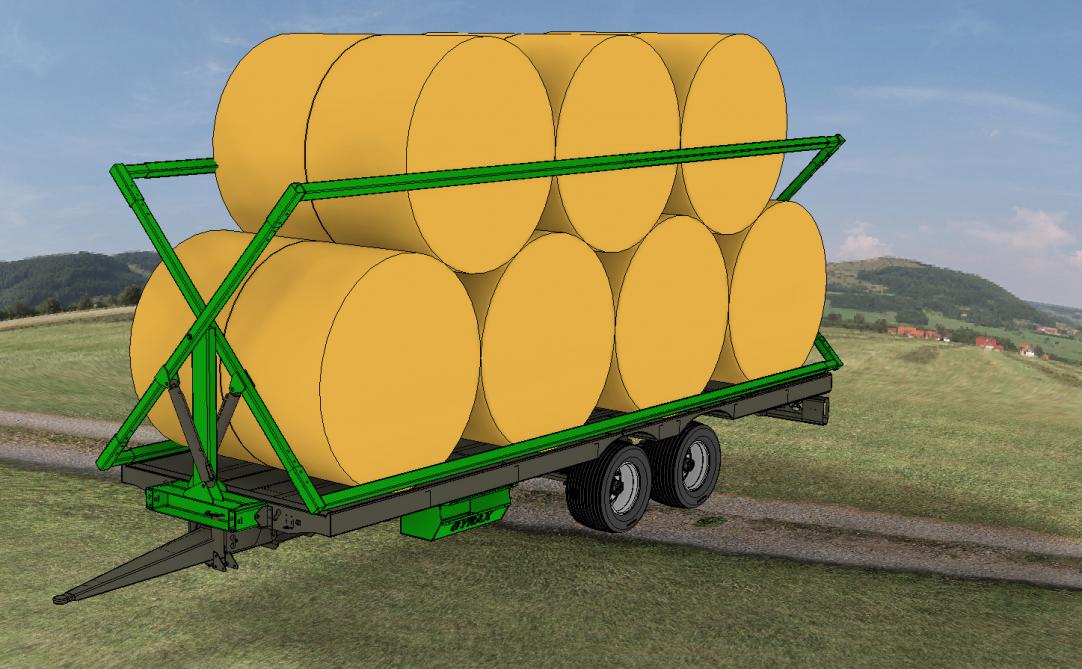 Gyrax ontwikkelde een balenwagen met bestuurbare hydraulische zijstangen om balen  te stabiliseren op het stroplateau.