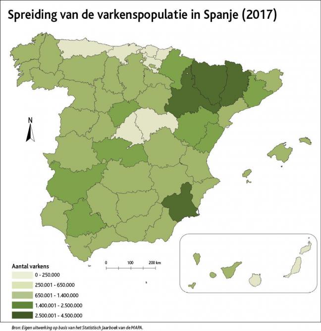 Het noordoosten van Spanje (Catalonië, Aragon) kent de hoogste varkensdichtheid. Hier zijn ook de slachthuizen (Vic en omstreken) en vele integratoren (Llerida-Fraga) gevestigd. Iberico-varkens zitten voornamelijk in het zuiden van het land.