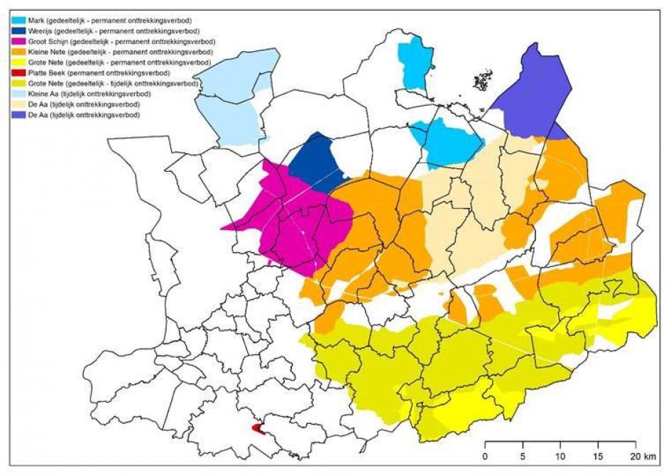Locatie van de afgebakende stroomgebieden in de provincie Antwerpen