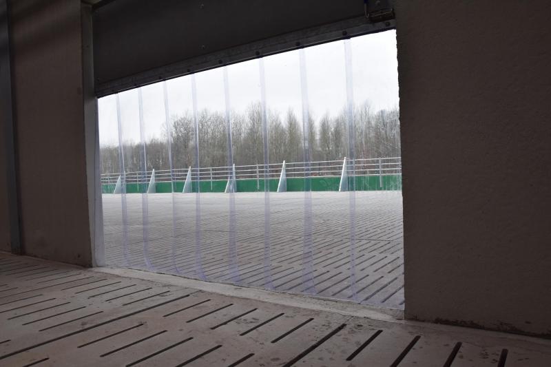 Over de hele muur aan de rechterzijde van de drachtstal hebben de zeugen toegang tot de buitenloop, een ruim terras geflankeerd door een weide.
