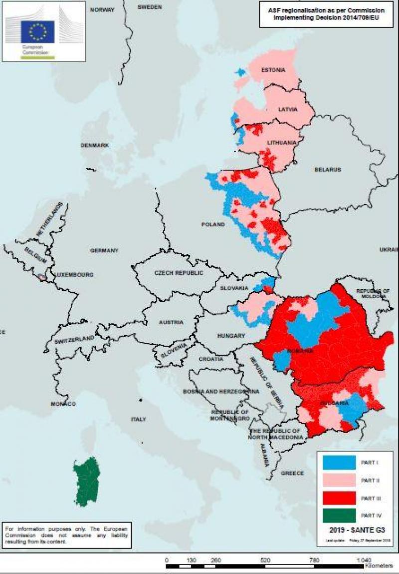 De indeling in zones 1, 2, 3 of 4 is opgelegd door de EU. In zone 1 worden enkel richtlijnen bij de jacht op gehanteerd en worden analyses van wilde varkens gedaan. Zone 2 en 3 omvat maatregelen voor commerciële bedrijven, vervoer en wilde zwijnen. In zone 4 waar woedt de ziekte endemisch.