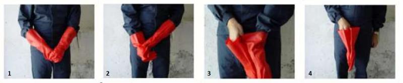 1. Trek één van de handschoenen gedeeltelijk uit (alleen het vingergedeelte); 2. Met de hand nog steeds in de eerste handschoen, trek de andere uit tot aan de pols; 3. Steek de duim zonder handschoen in het bovenste gedeelte van de tweede handschoen; 4. Strek de hand uit en houd de handschoenen alleen aan de binnenzijde vast.