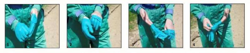 1. Trek de handschoenen uit door ze binnenstebuiten te keren; 2. Trek de andere handschoen uit met de hand nog in de eerste handschoen; 3. Houd de handschoenen alleen aan
 de binnenzijde vast; 4. Veilig weggooien
