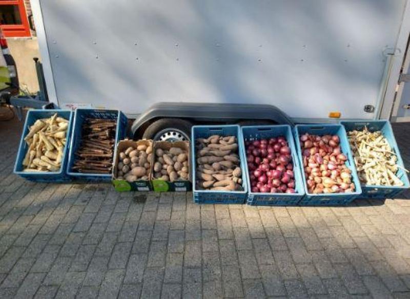 Door het opschorten van de lessen worden de groenten van het PTS nu geoogst door het tuinpersoneel van de school. Deze groenten zullen wekelijks gedoneerd worden aan Foodsavers