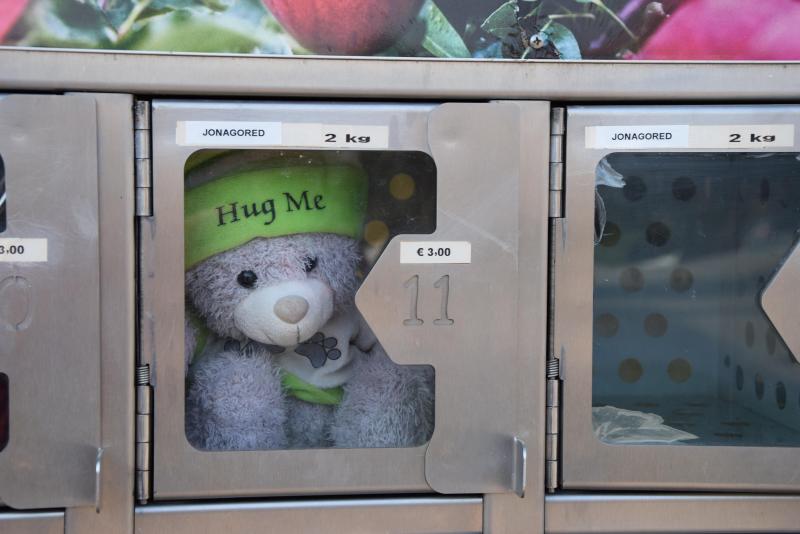 Kristien neemt deel aan de ‘berenactie’ in het kader van de coronasituatie en plaatste een beertje achter een ruit van haar fruitautomaat.