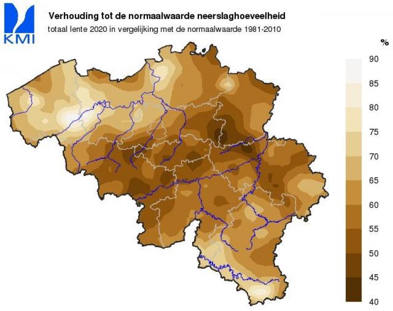 Verhouding tot de normaalwaarde neerslaghoeveelheid. Totaal lente 2020 in vergelijking  met de normaalwaarde 1981/2010.