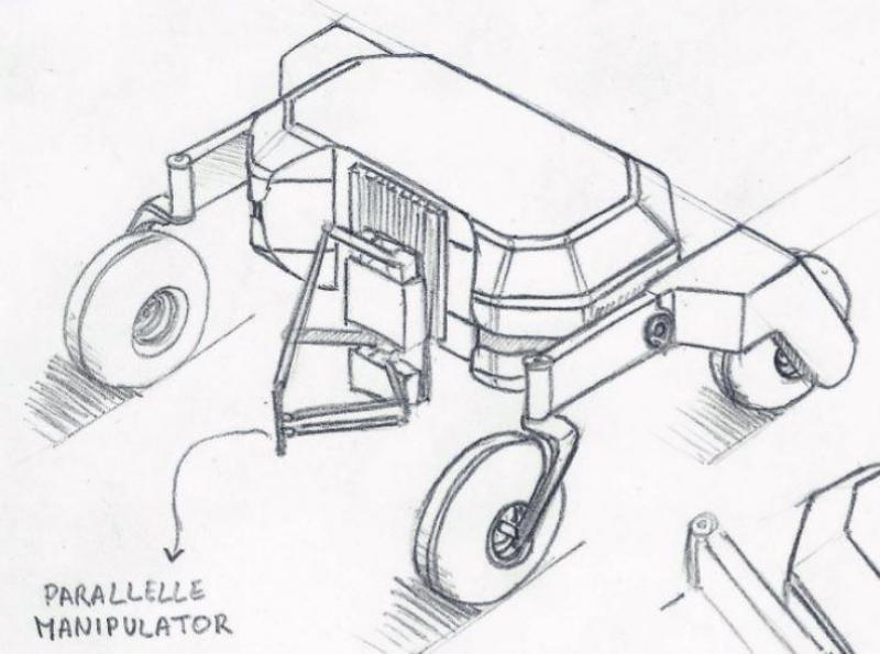 Het mechanische ontwerp, dat gestart is vanuit eenvoudige schetsen (zie foto), is zo uitgegroeid tot een heus prototype, voorzien van de nodige sensoriek en actuatoren.