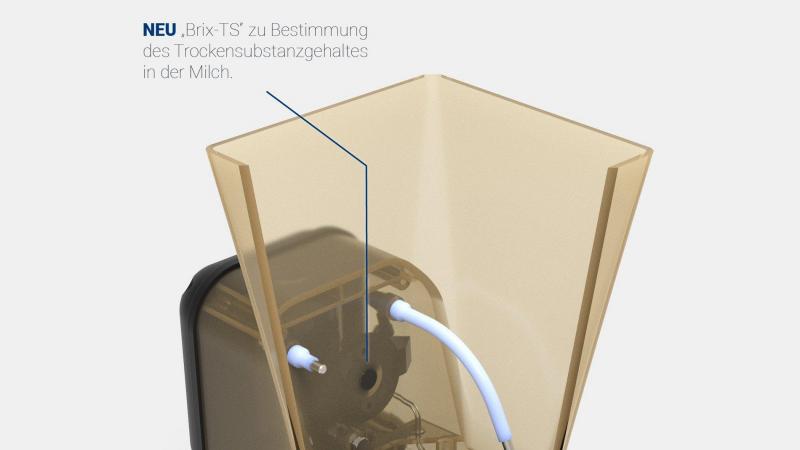 De Brix-TS-Sensor, een elektronische refractometersensor, meet continu het drogestofgehalte van de kalvermelk in de mengtank van de kalverdrinkautomaat.
