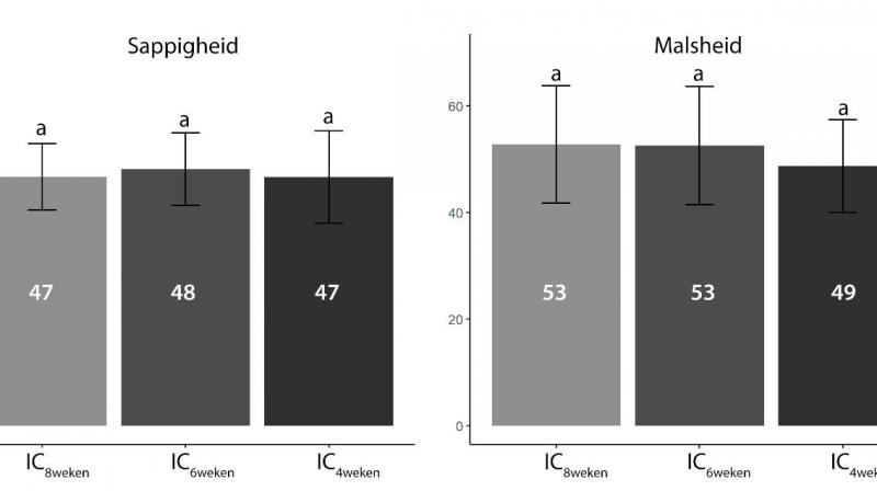Figuur 3: Sappigheid en malsheid van immunocastraten met een tweede vaccinatie op respectievelijk 8, 6 en 4 weken voor slacht, Malsheid - schaal van 0 (zeer taai) tot 100 (zeer mals) - en de sappigheid - schaal van 0 (zeer droog) tot, 100 (zeer sappig) (  a,b  waarden met een  ander superscript verschillen significant (P < 0,05))