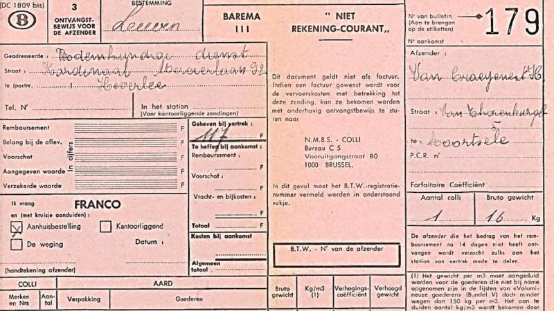 Een verzendingsnota voor grondstalen van de staalnemer Van Craeyenest op 5 februari 1971. De colli weegt 16 kg en de verzending via de Belgische Buurtspoorwegen kostte 117 Belgische frank.