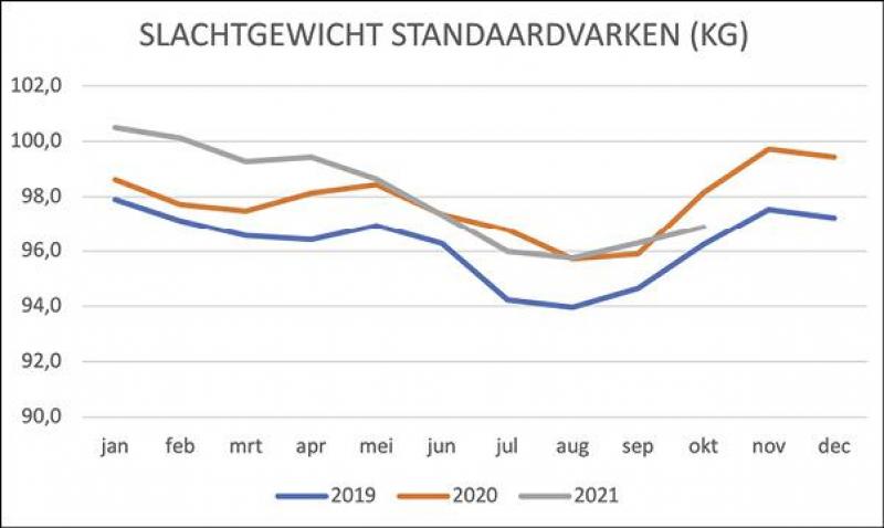 Figuur 3: Gemiddeld slachtgewicht standaard varkens 2019-2020-2021 in lijn.