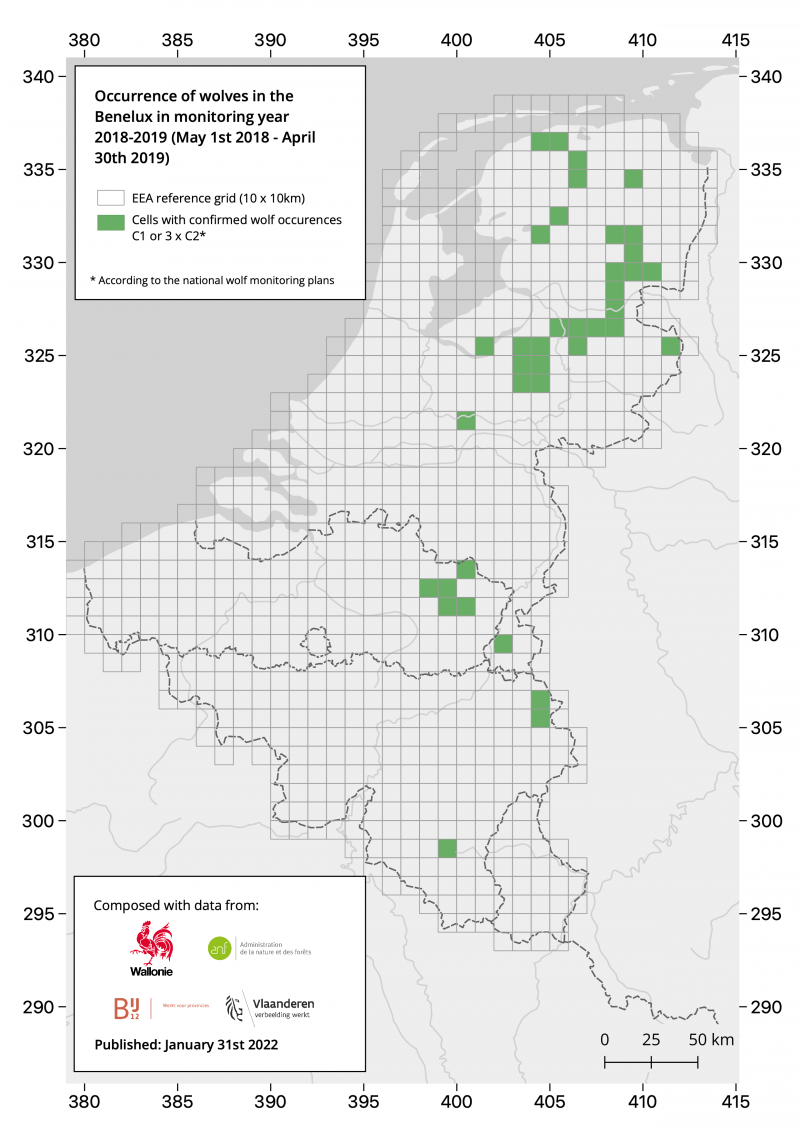 Verspreiding wolf in de Benelux 2018 – 2019.