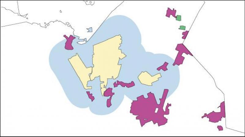 Het werkingsgebied van intendant Piet Vanthemsche voor het ontwikkelingsplan van het Turnhouts Vennengebied wordt aangegeven op deze kaart. Geel: deelgebieden met 3110-habitat of zoekzone daarvoor, fuchsia: SBZ-H-deelgebieden met 3130-habitat of zoekzone daarvoor, blauw: 2 km contour rond de SBZ-H-gebieden. Het werkingsgebied gaat uit van een ruime perimeter. Maatregelen kunnen zich beperken tot deelzones of tot een kleinere perimeter binnen het werkingsgebied.