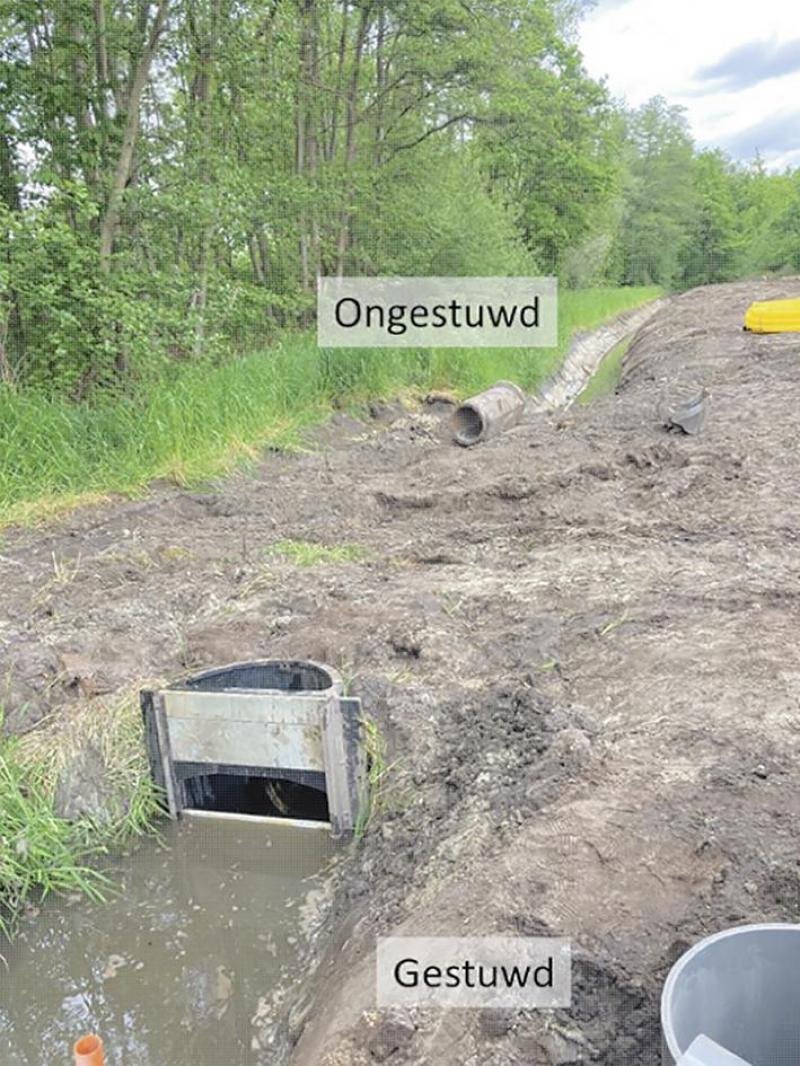 Regelbare stuw op een perceelsgracht. Stroomopwaarts van de stuw is de waterstand in de gracht hoger dan stroomafwaarts, het overtollige water stroomt nog steeds weg.