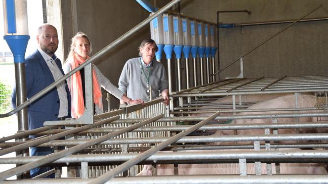 Willem De Keyzer van HoGent (links), Frank Gasthuys van UGent, en Marijke Aluwé van het ILVO – met de nodige distancing – zijn erg tevreden over 5 jaar samenwerking op de varkenscampus.