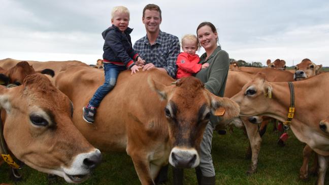 Bruno en Steffie, met Morris – op lievelingskoe Odette – en zijn zusje Norah, tussen de nieuwsgierige Jerseys.