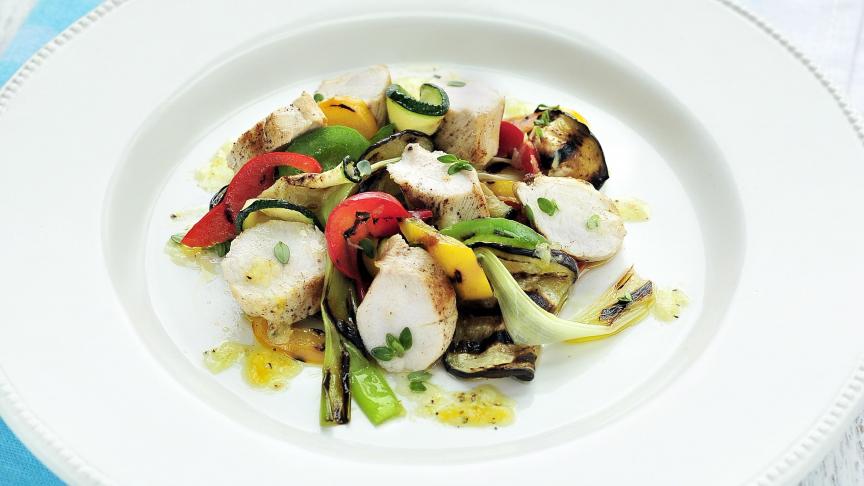 2018-06-29 Gebakken konijnenfilet met lauwe salade van gegrilde groenten en