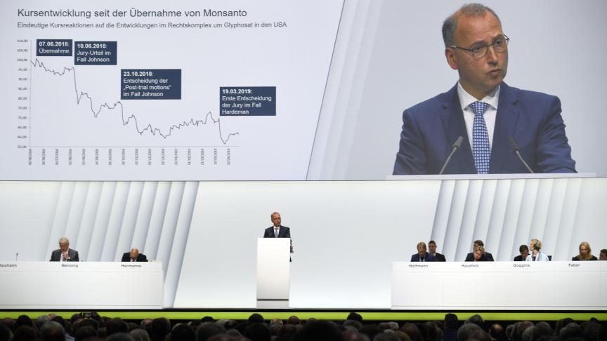 Topman Werner Baumann van Bayer mocht onlangs aandeelhouders uitleggen hoe de rechtszaken over glyfosaat de aandelenkoers van het bedrijf deden doen kelderen.