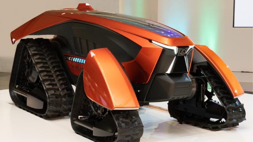 De concepttractor rijdt autonoom en elektrisch, en rijdt op rupsbanden.