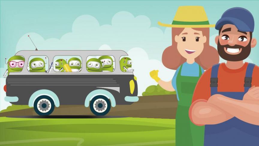 Op een dag rijdt een geruisloze elektrische bus met een meute 3D-geprinte klonen de boerderij op...