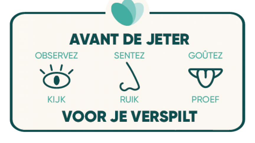 Het ‘kijk, ruik, proef’-pictogram op de verpakking moet ervoor zorgen dat mensen eerst hun zintuigen gebruiken alvorens ze een product in de vuilnisbak gooien.